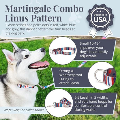 Lucky Love Dog Martingale Dog Collar & Leash - Adjustable, No-Slip, Durable, Comfortable, Soft Webbing, & Stylish Patterned Dog Collar & Leash Set for Male and Female Dogs - Linus Combo, Small