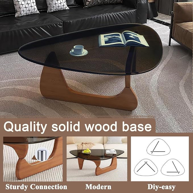Mid Century Modern Glass Coffee Table, Coffee Table for Living Room, Noguchi Coffee Tables,Suitable for Bedroom Living Room Reception Office Tables (Walnut/Grey, ML)