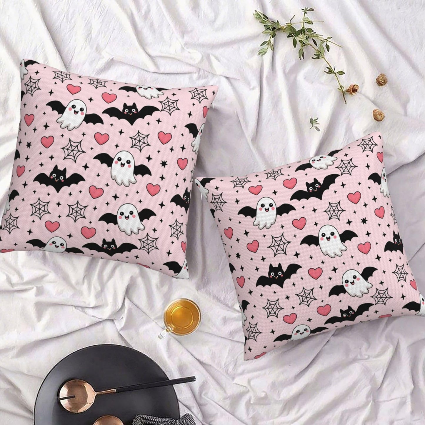 Halloween Pink Cute Ghost Bats Heart Decorative Pillow Covers 16x16 Inch Set of 2 Rustic Boho Flower Outdoor Throw Pillows Neutral Farmhouse Decoration Cushion Cases for Sofa Couch Bed Decor