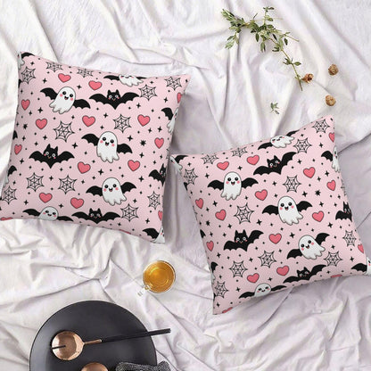 Halloween Pink Cute Ghost Bats Heart Decorative Pillow Covers 16x16 Inch Set of 2 Rustic Boho Flower Outdoor Throw Pillows Neutral Farmhouse Decoration Cushion Cases for Sofa Couch Bed Decor