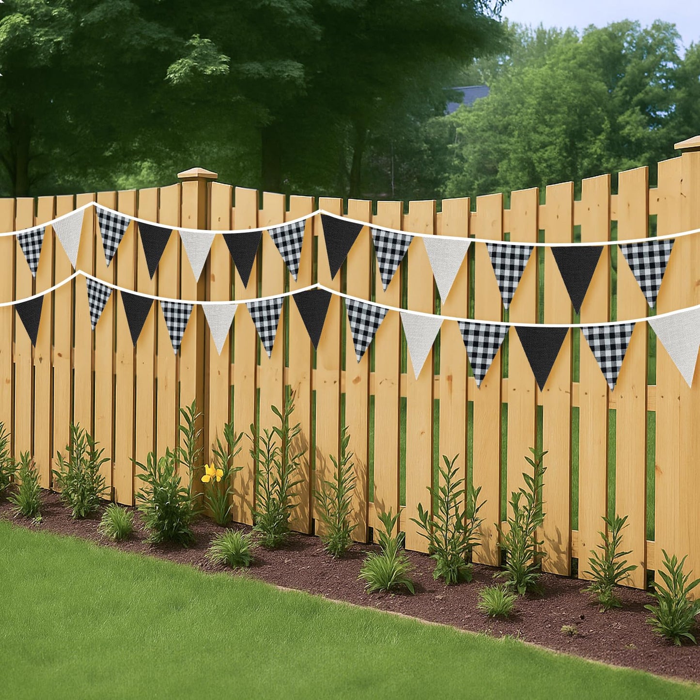 G2PLUS Black and White Gingham Fabric Bunting Banner, 32Ft Cotton Burlap Triangle Garland for Soccer Party, Game Day, Racing Car Party, Birthday, Graduation & Outdoor Decorations