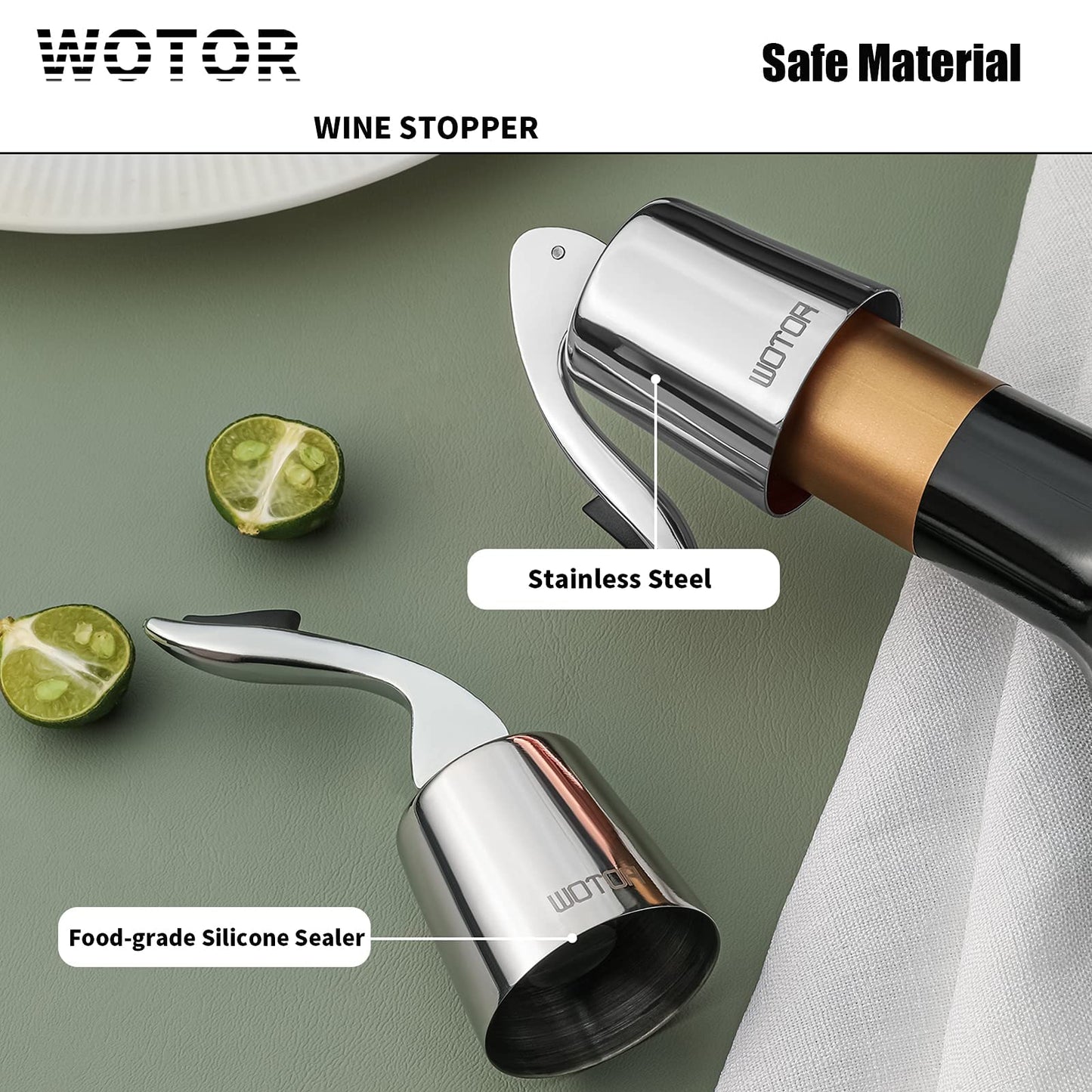 WOTOR Wine Stoppers Stainless Steel Wine Bottle stopper Plug with Silicone Reusable Wine Saver Leak proof Keep Fresh Silver 3 pack