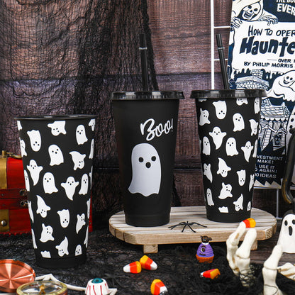 JarThenaAMCS 12 Pcs Halloween Ghost Party Cups with Lids Straws Cute Ghost Boo Plastic Tumblers Black White Reusable Water Bottle for Hot Cold Drinks Birthday Party Baby Shower Table Decor, 24 Oz