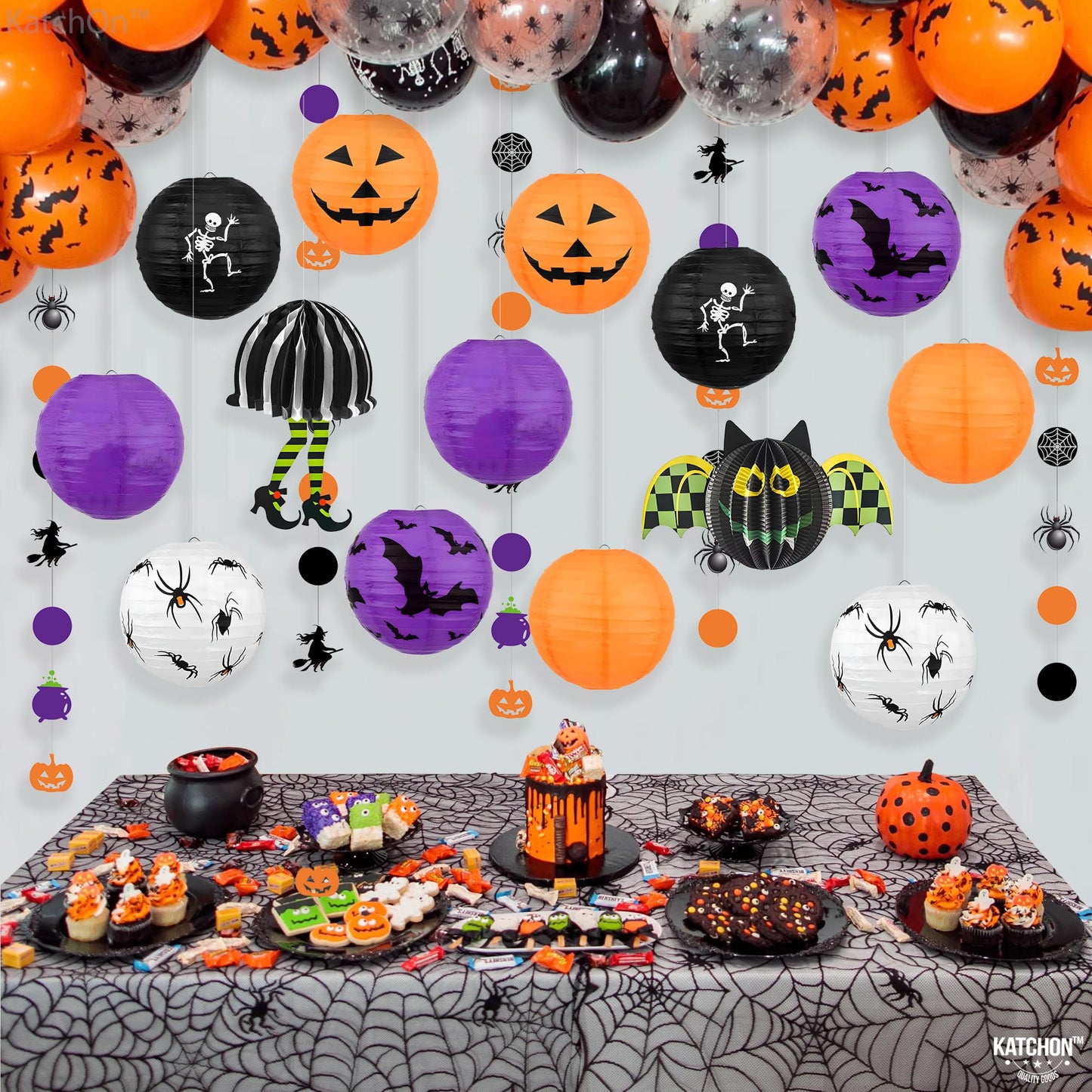 KatchOn, Halloween Hanging Paper Lanterns Set - Pack of 15 | Halloween Paper Lanterns, Halloween Honeycomb Decorations for Halloween Decorations | Halloween Garland for Halloween Party Decorations
