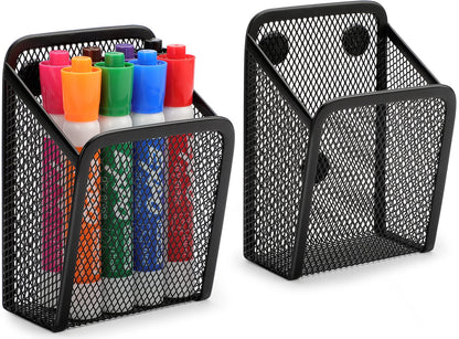 MaxGear Magnetic Pen Holder, 2 Pack Mesh Pencil Holder for Desk Storage Basket Organizer Marker Holder - Extra Strong Magnets Perfect for Locker Accessories, Refrigerator, Whiteboard, School Office