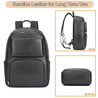 Yevabo Genuine Leather 15.6 Inch Laptop Backpack for Men, Multi Pocket Casual Daypack Shoulder Bag for Business Travel Outdoor, Black