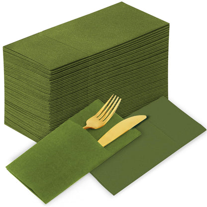 KAMMAK Matcha Green Napkins Disposable with Pocket Cloth Like Dinner Paper Napkins 100 Pack Folded Wedding Reception Napkin Bathroom Guest Hand Towels for Party Decoration (16.5 x 16.5 inch)
