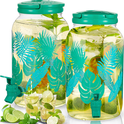 Norme 2 Pcs 1 Gallon Plastic Drink Dispenser Jungle Leaves Theme Iced Beverage Dispenser Tea Jar with Spigot and Carrying Lid Clear Dispenser for Fridge Bar Summer Party