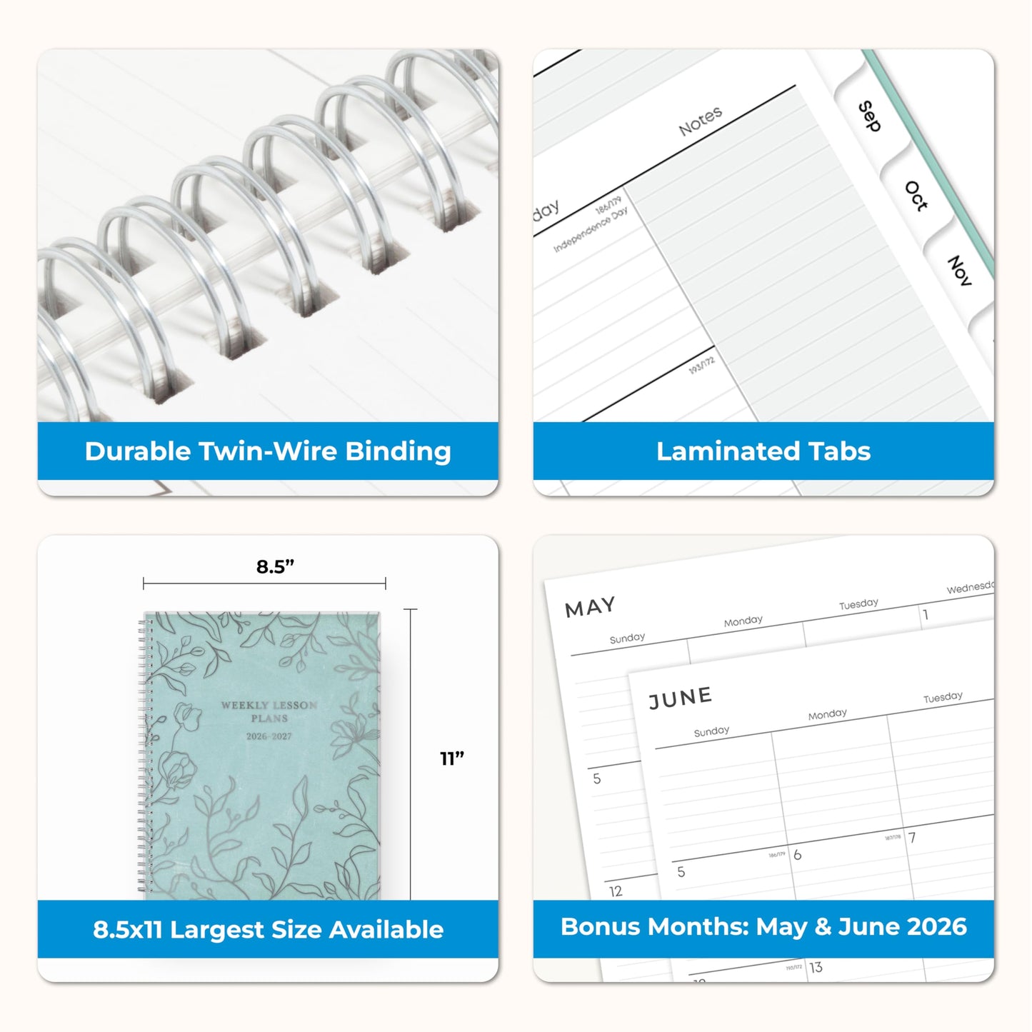 Blue Sky 2026-2027 Weekly and Monthly Academic Year Teacher Lesson Planner Calendar, July 2026 - June 2027, 8.5" x 11", Flexible Cover, Wirebound, Laminated Tabs, Storage Pocket, Prairie Aqua
