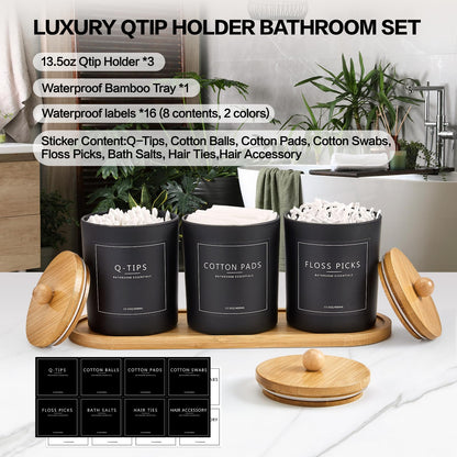 3 Pack Qtip Holder Bathroom Set with Tray,13.5oz Cotton Round Ball Pad Holder Cotton Swab Floss Pick Dispenser,Bathroom Organizers and Storage Container,Glass Apothecary Jars Canisters with Lids-Black