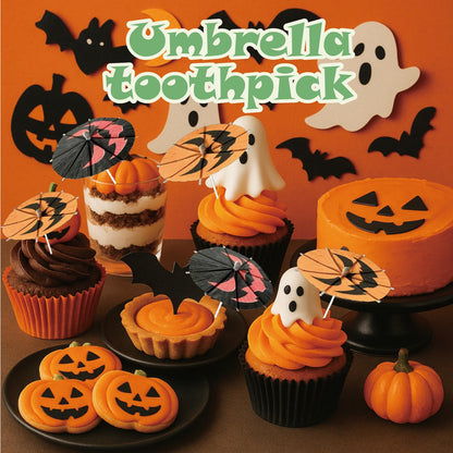 140 Pcs Halloween Pumpkin Cocktail Umbrella Picks - Spooky Fun Drink Stirrers, Fruit Cupcake Toppers for Festive Parties & Decorations (Red-Black)