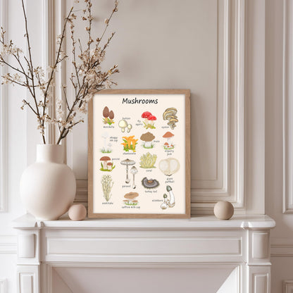 Poster Master Mushroom Print - Botanical Poster - Learning Materials Art - Educational Wall Design - Gift for Students & Teacher - Decor for Classroom, Library or Nursery - 11x14 Beige Framed