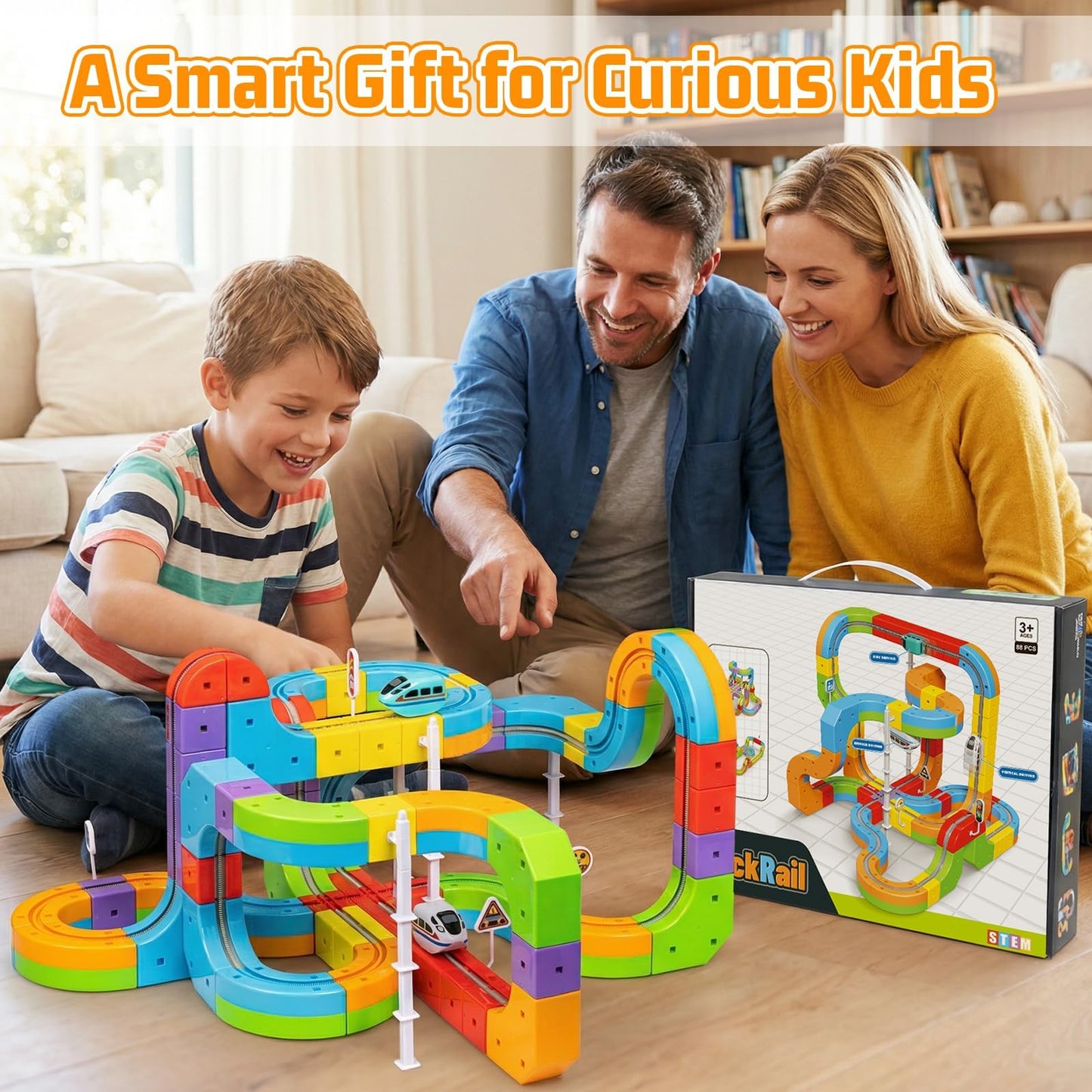 KlickRail Electric Train Set Flexible Race Track for 3 4 5 6 7 8 years old boys and girls, Building Toy Train Track Gravity-Defying 3D Embedded Layouts & Motorized Car, STEM Gift(Deluxe Set(88 Piece))