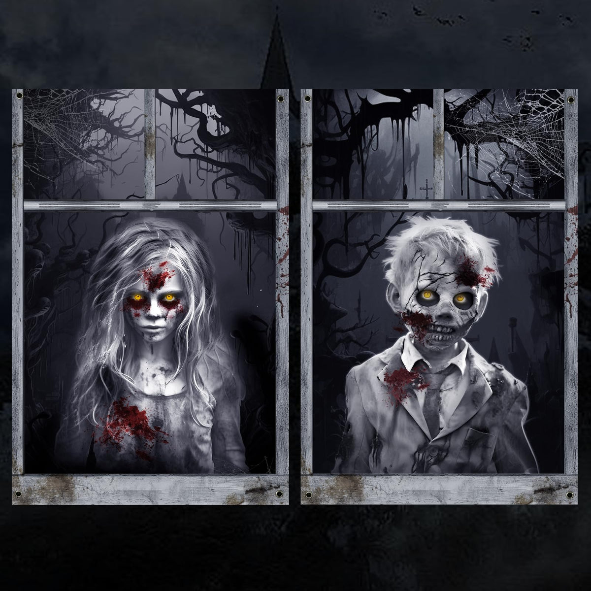 Recailly Halloween Ghost Curtains Decorations, 2 Pack, Window Silhouettes, Horror Little Girl and Boy Window Cover Indoor Decor（Kids Ghost）