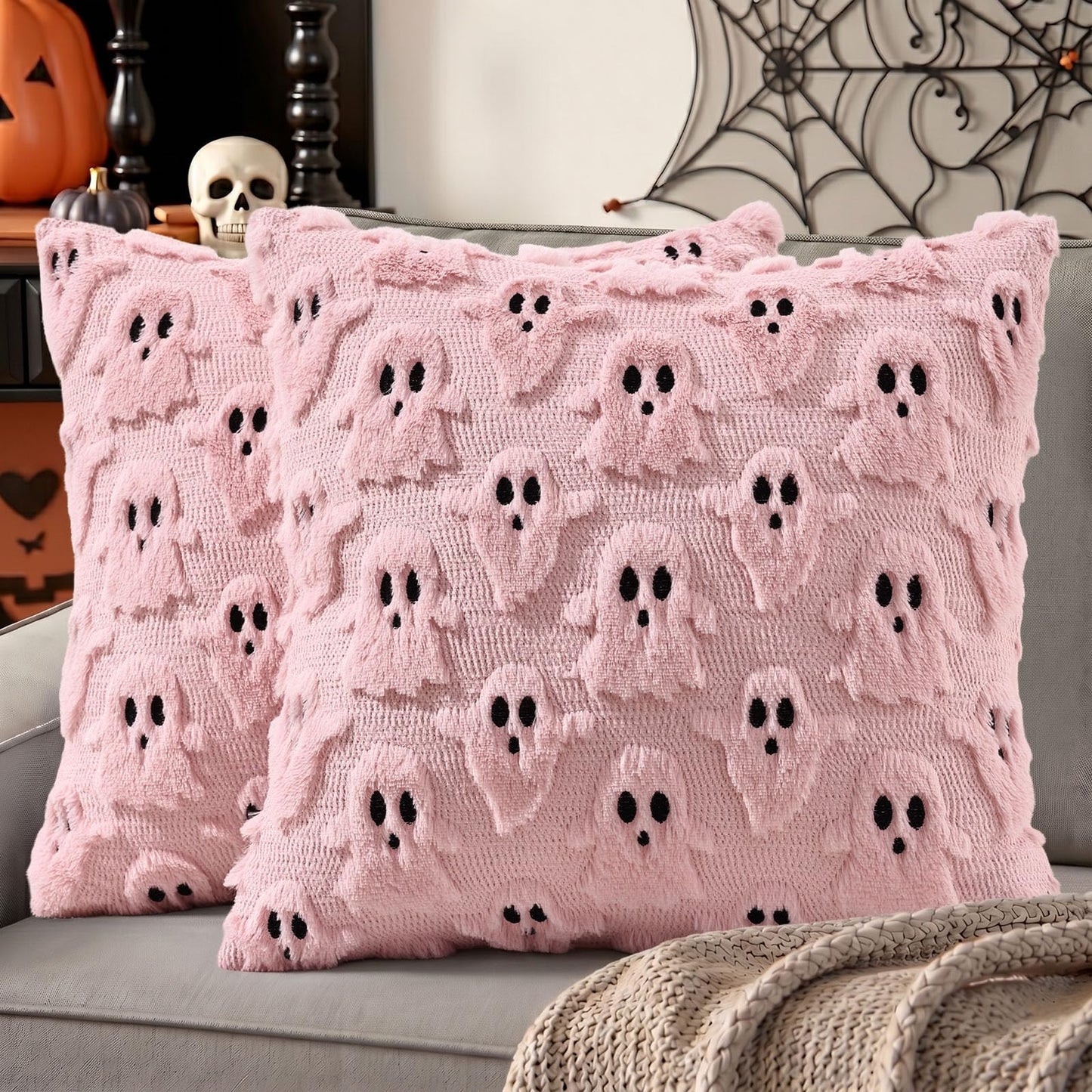 decorUhome Fall Halloween Ghost Pillow Covers 16x16 Pack of 2 Soft Plush Faux Wool Textured Throw Pillow Covers Cute 3D Ghost Decorative Cushion Cases for Couch Sofa Bedroom Home Decor, Blush Pink