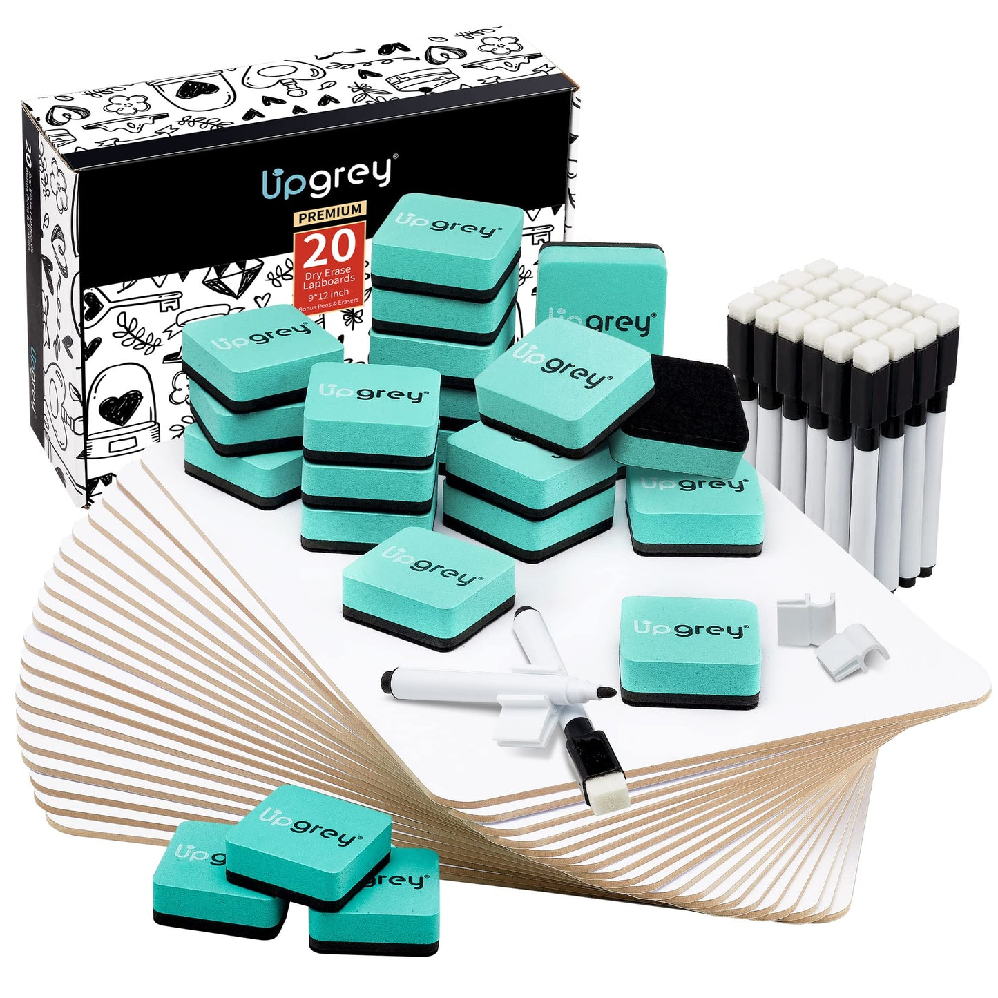 UPGREY Dry Erase Boards, Small Whiteboard 20 Pack 9"X12" Double-Sided Mini Whiteboards for Kids Lapboards with 24 Pens+24 Erasers+24 Pen Clips for Students, Teachers, Class, Office
