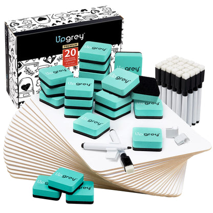 UPGREY Dry Erase Boards, Small Whiteboard 20 Pack 9"X12" Double-Sided Mini Whiteboards for Kids Lapboards with 24 Pens+24 Erasers+24 Pen Clips for Students, Teachers, Class, Office