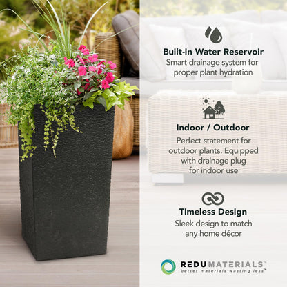 Tierra Verde Indoor & Outdoor Self-Watering Square Planter, Citadel Stucco, 13.5" x 26", Black - Planting Containers for Plants and Flowers - Gardening and Landscaping Accessories