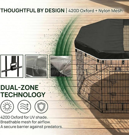 PJYuCien Octagonal Playpen Top Cover for 24" Side Metal Pet Pen, Half Mesh Half Oxford with Silver Coating & Snap Hooks, Predator & Weather Protection, Cozy Den for Puppy Small Animals, Black