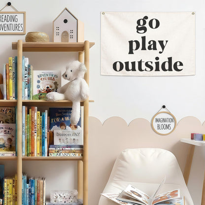 Nursery Rectangular Canvas Banner Wall-Hanging Flag Wall Art Decor for Baby Boy Girl,Kids Room Playroom Bedroom Game Room Kindergarten Decor,Birthday Christmas Gift-Go Play Outside-28.5"L×20"W