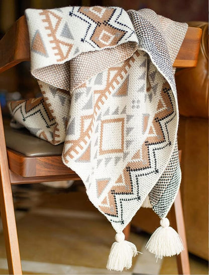 Brown Queen Size Knitted Tassel Boho Soft Lightweight Vintage Tan Throw Blanket for Sofa Couch Bed and Living Room- All Seasons (60x80 Inch)