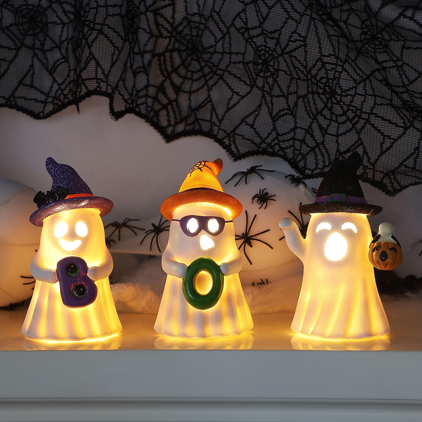 Lulu Home 3 Packs Halloween Tabletop Ornaments, 5.5" H Light Up Resin Ghosts Wearing Glittered Witch Hats, Boo Ghost Figurines for Indoor Fireplace Kitchen Shelf Holiday Decorations