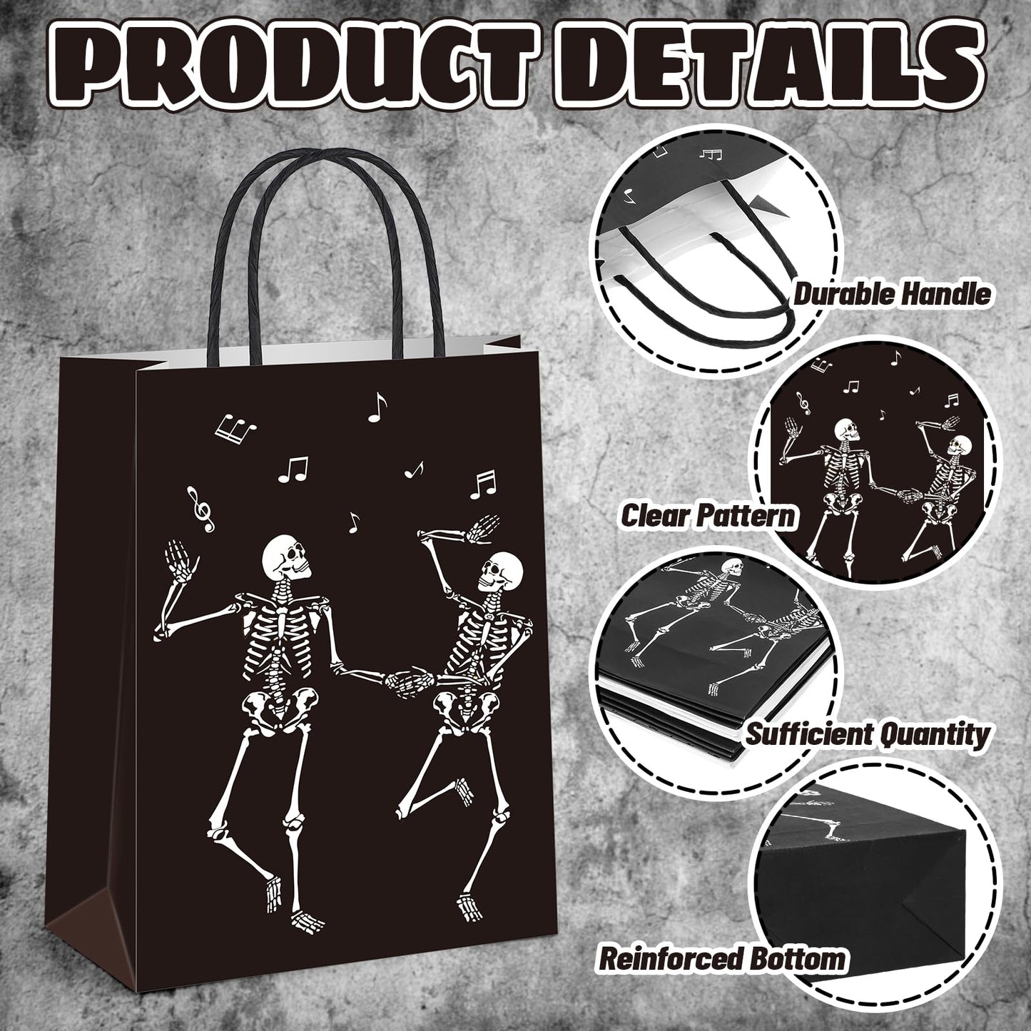 Whaline Halloween Skull Paper Gift Bags Black White Funny Dancing Skeleton Goodie Candy Treat Bag Skull Theme Handbags for Halloween Trick or Treat Party Favor Supplies, 16Pcs