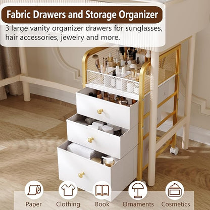 Rolling Makeup Organizer Cart with 3 Drawers, Under Desk Vanity Makeup Storage Cart, Bathroom Storage Cart Cosmetic Display Cases Cabinet for Nail Polish, Brushes & Hair Tools, Gold