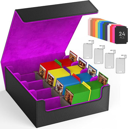 Trading Card Storage Box, 3200+ MTG Card Storage, 4 Row TCG Card Organizer Box with 24 Colorful Dividers and 4 Stands, PKM Bulk Storage, Deck Case Holder Fits for YuGiOh, Game Cards (Black & Purple)