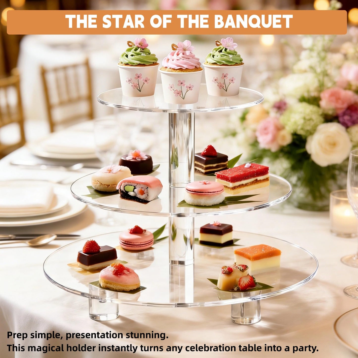 EffiQ-Rate 3 Tier Cupcake Stand, 4mm Thick Heavy Duty Acrylic Dessert Table Display Trays, 10" 8" 6" Round Cupcake Holder Decorative Bakery Tower for Wedding, Party, Baby Shower, Event