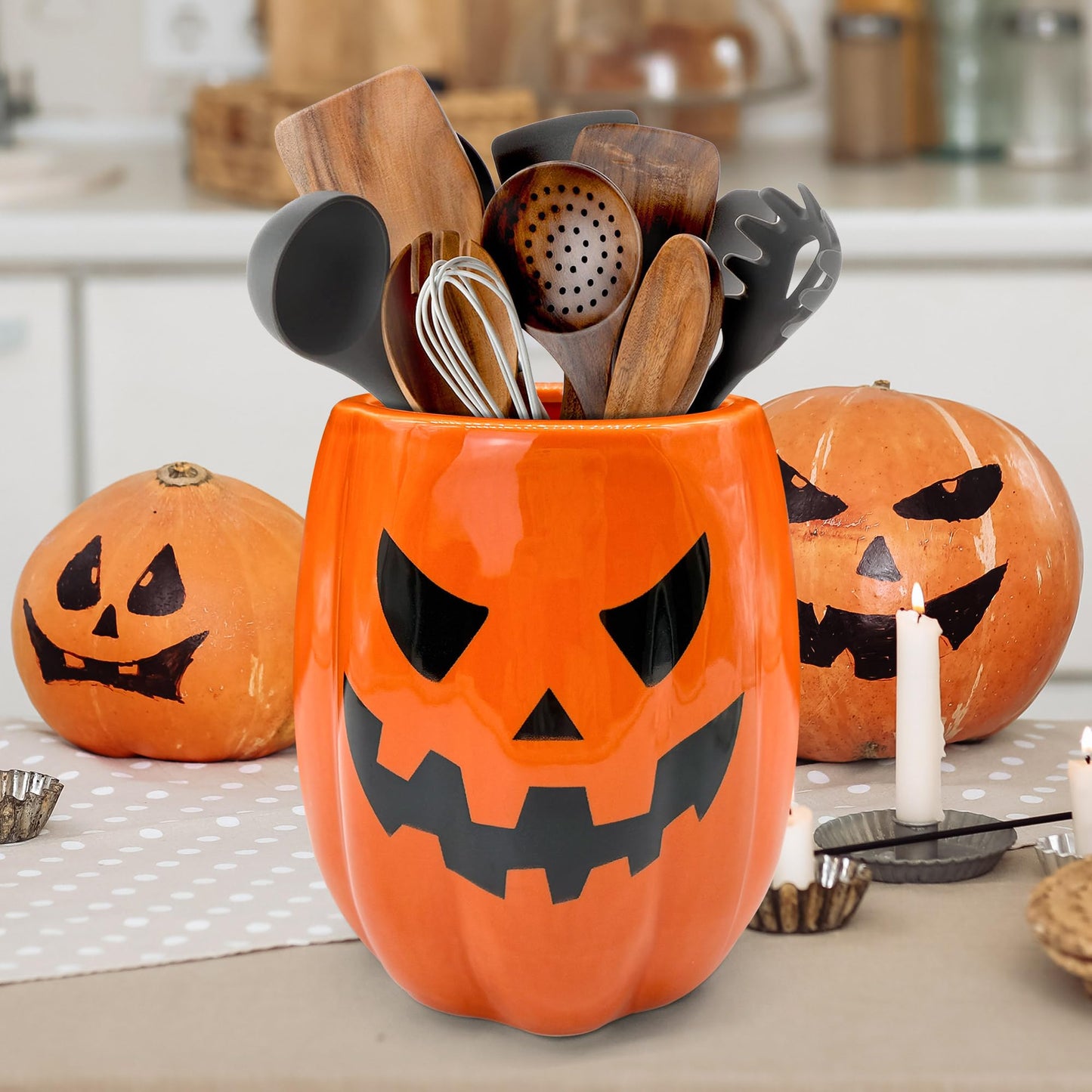 pinata Halloween Kitchen Decor Ceramic Pumpkin Utensil Holder, Cute Halloween Utensils Holder, Ceramic Utensils Crock for Rustic Farmhouse Indoor Kitchen Decorations(6.3 Inches)