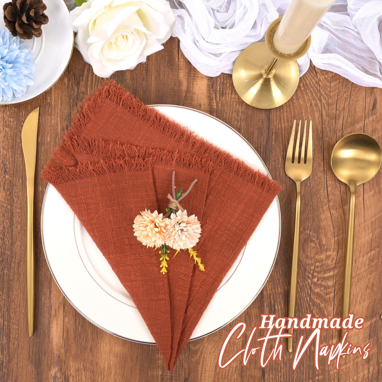 12 Pack Terracotta Cloth Napkins Cotton Linen Napkins with Fringe 16 x 16 Inch Soft Handmade Napkins Cloths Delicate Washable Rustic Dinner Napkin Cloths for Wedding Party Dinner Table Decor