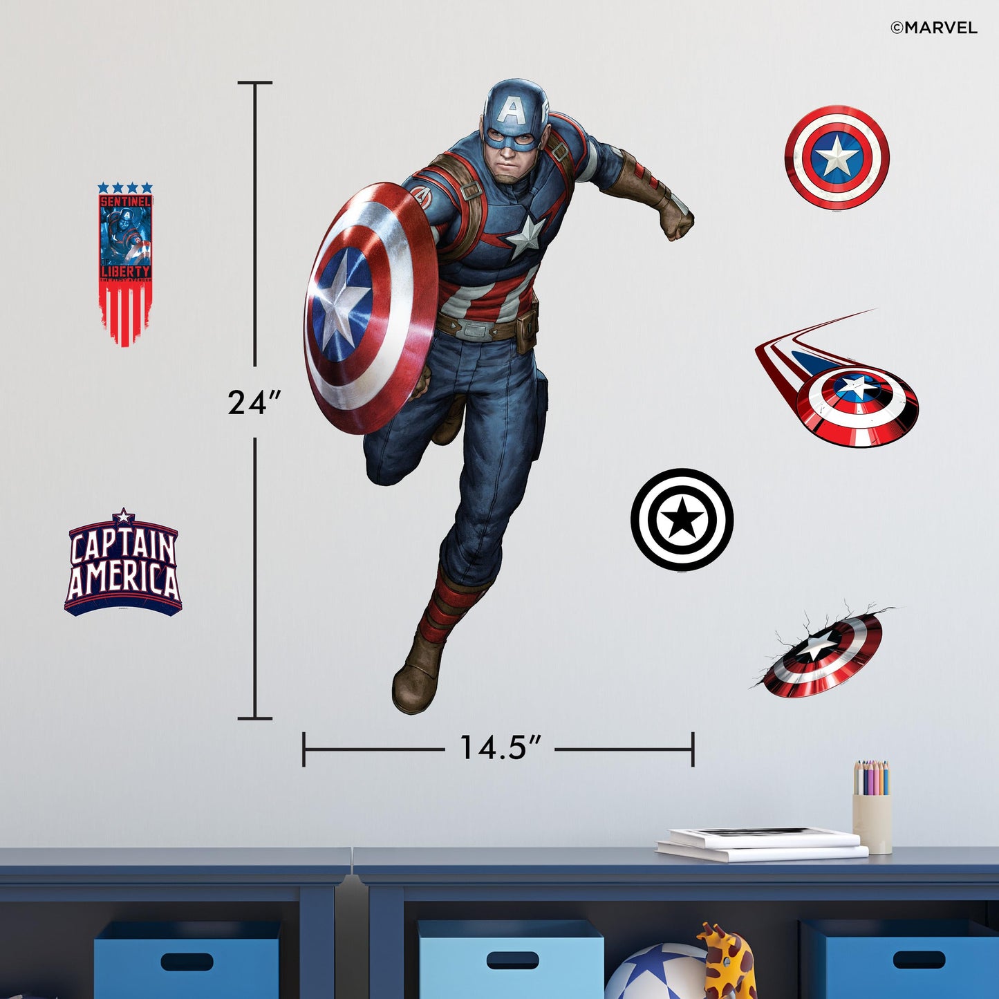Wall Palz Marvel Captain America Wall Decals - 24" Avengers Removable Vinyl Stickers for Kids Bedroom Playroom Bathroom - Peel and Stick Room Décor