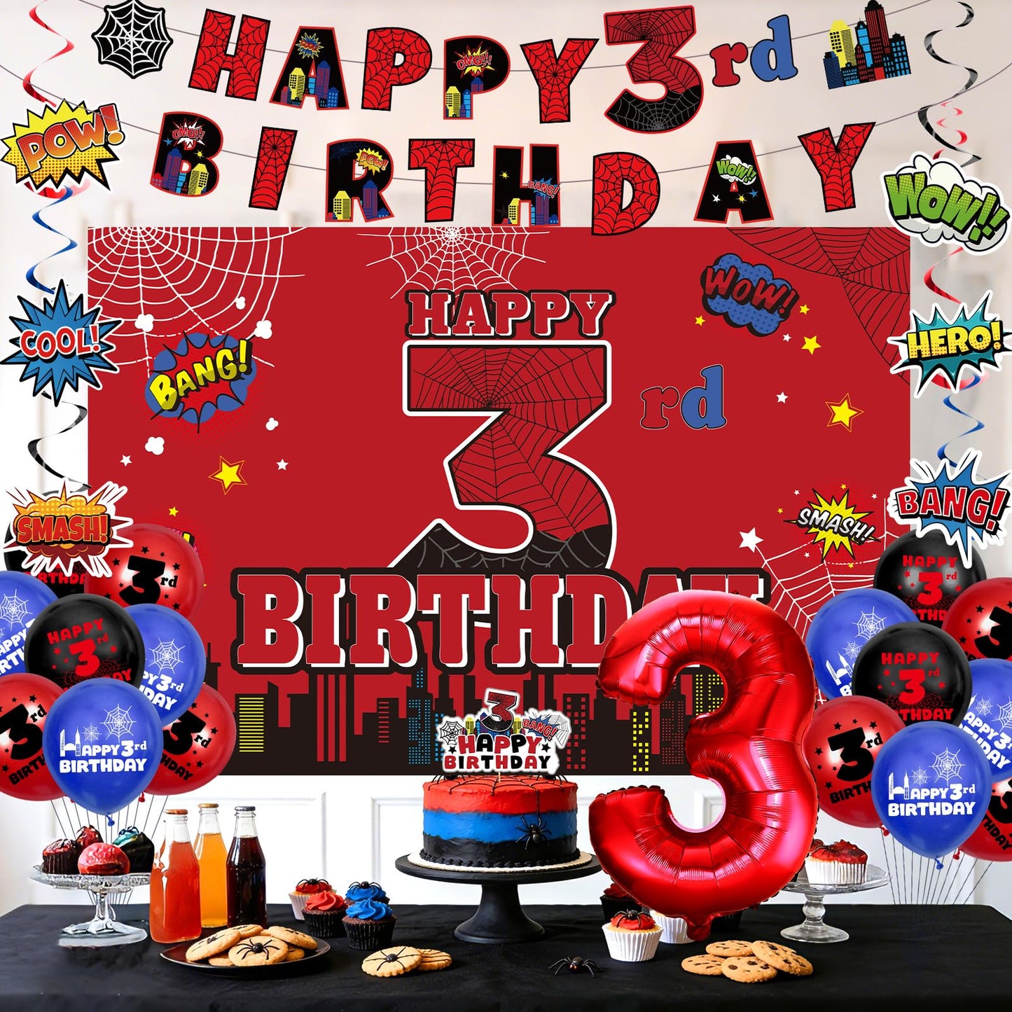Spider 3rd Birthday Decorations, Red Black Happy 3rd Birthday Banner Backdrop Hanging Swirls Number 3 Balloons Cake Topper for Kids 3 Years Old Spider Web Cartoon Party Supplies Favors Third Decor