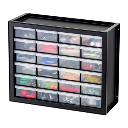 IRIS USA 24-Drawer Plastic Storage Organizer, Made in USA, Teacher Toolbox, Multi Drawer Cabinet For Garage Tools Beads Balloons Building Bricks Crafts Stickers Small Business Scrapbook Art, Black