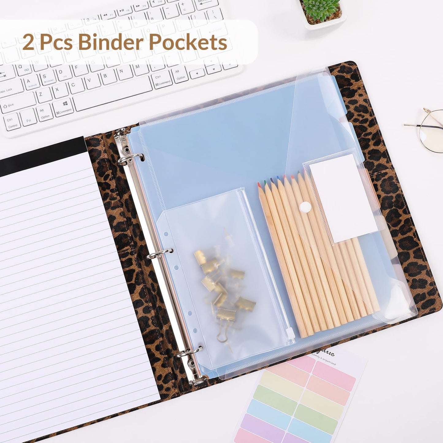 SKYDUE 1 Inch 3-Ring Binder with Clipboard, PU Aesthetic Binder with 5 Dividers, Notepad, Stickers & Pockets for Work and School (Letter Size)