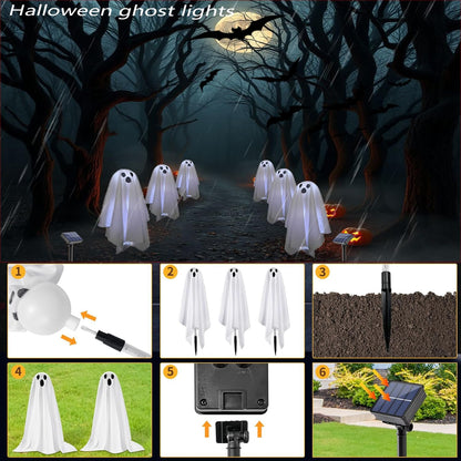 6 in 1 Halloween Decorations Outdoor, Solar Ghost Pathway Lights, Waterproof, LED Light Up Spooky Ghost Decor for Front Door Porch Garden Yard Lawn Patio Halloween Party