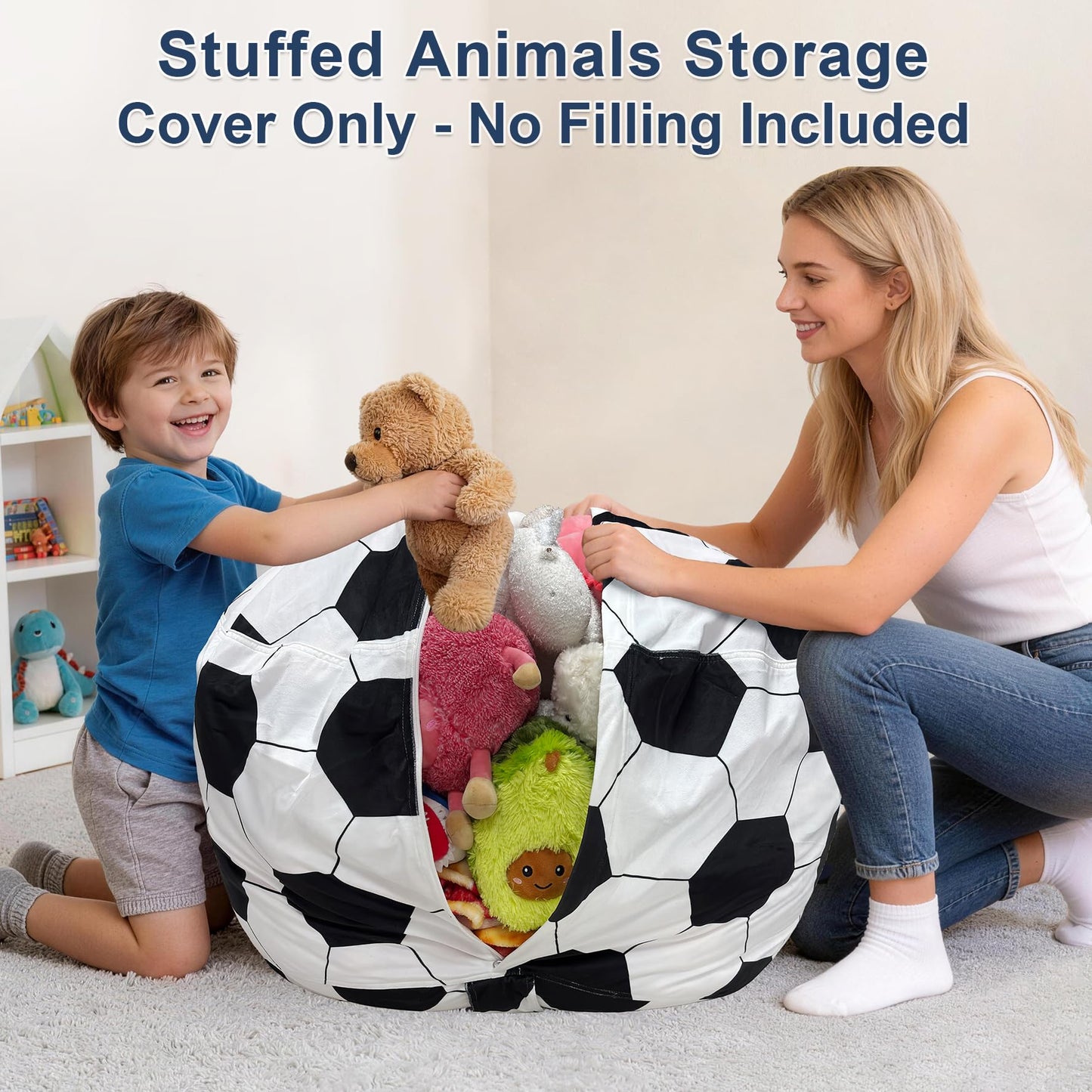 Lukeight Soccer Stuffed Animals Storage Bean Bag Chair Cover for Kids, Cozy Velvet Plush Toy Organizer Seat, Cover Only, No Filling Included, Long YKK Zipper, Side Pocket, X-Large 30 x 18 in