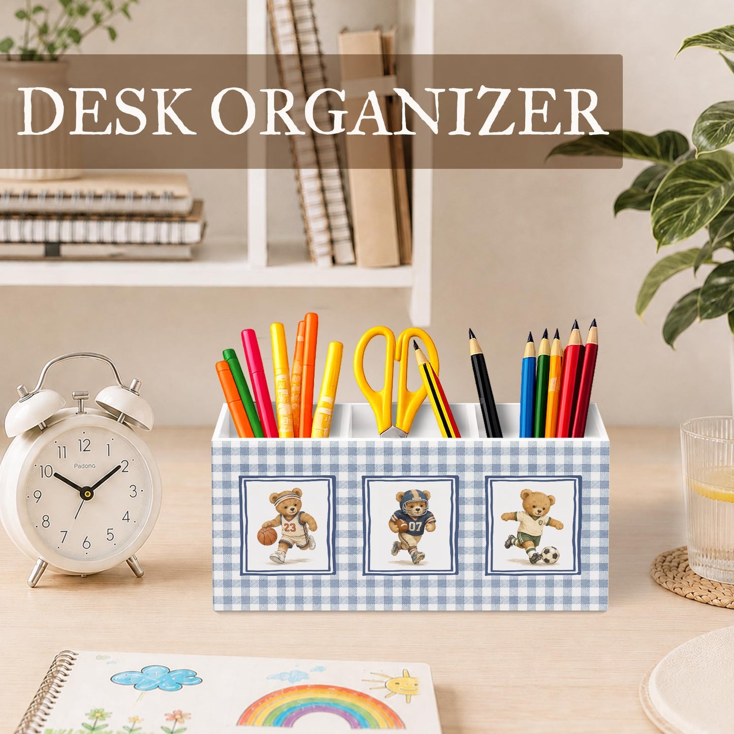 WUHSDIBC Bear Nursery Kids Pen Pencil Holder for Desk, Sports Player Bear Retro Blue Gingham Wooden Pencil Holder Organizer Desk Accessories Decor for Kids Boys Room Bedroom Playroom Desk Tabletop