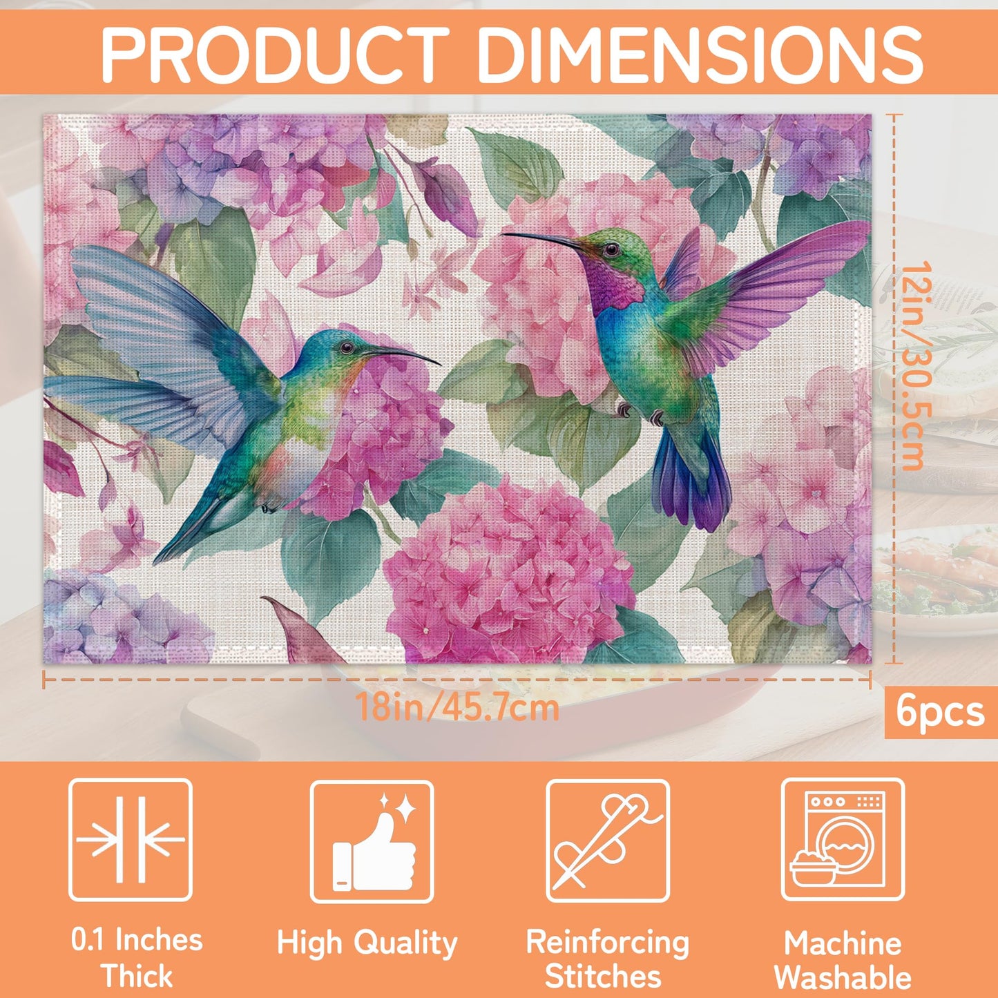 Hummingbird Placemat Set of 6,Flower Floral Heat Resistant Linen Table Mats for Indoor Outdoor Home Kitchen Dining Room Table 12x18Inch