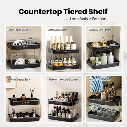 UFORU Countertop Coffee Station Organizer, 2 Tier Wine Glass Holder, Mug Display Shelf with Removable Drain Tray, Spice & condiment Rack for Kitchen, Bathroom Countertop Organizer, Black
