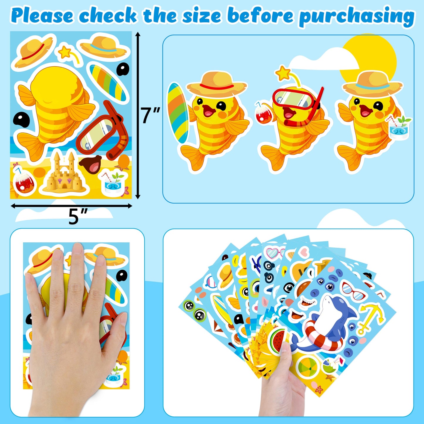 60Sheets Summer Animal Stickers Crafts Bulk, Hawaiian Beach Tropical Make-A-Flamingo/Bee/Fish Face Sticker Holiday Gifts Luau Pool Activity Games Goodie Bag Stuffer Party Favors(Small Size)