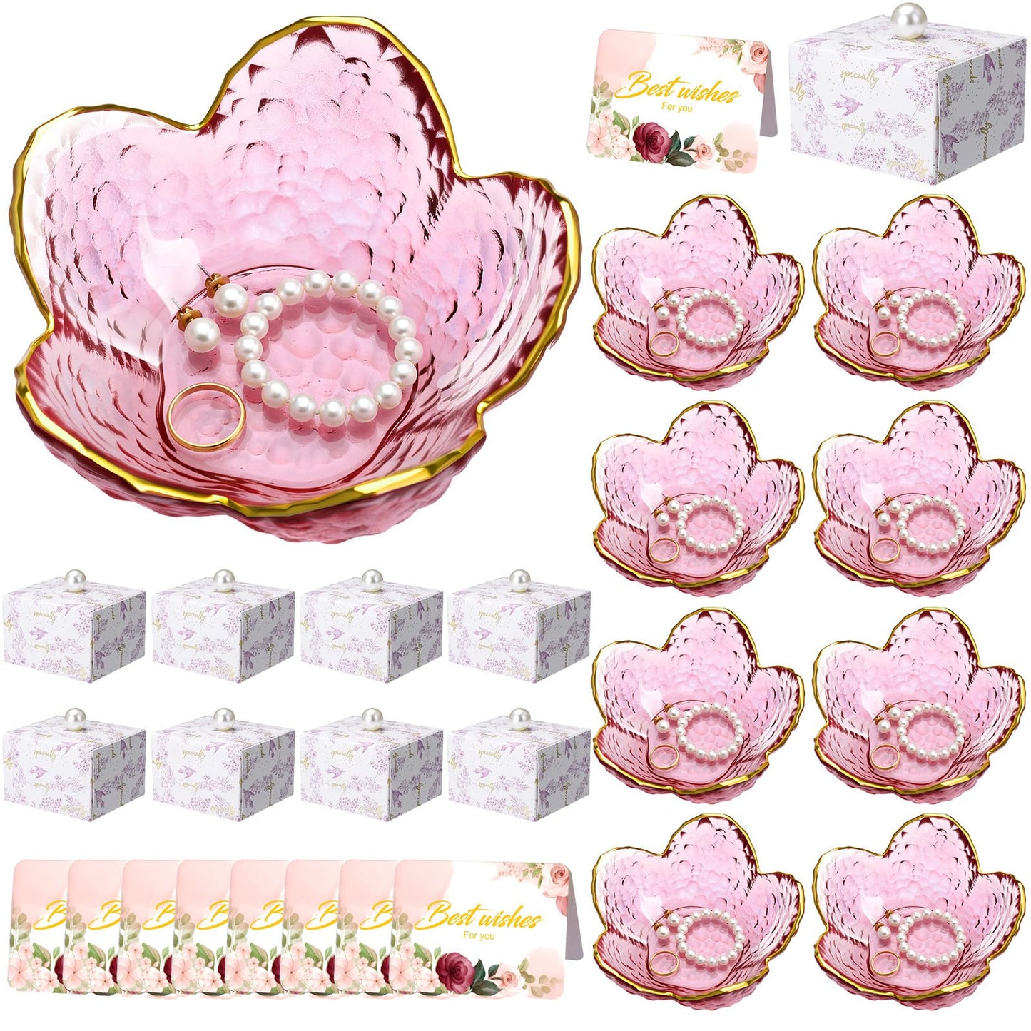 Quelay 8 Set Purple Flower Ring Dish Jewelry Tray with Box Greeting Card Small Glass Trinket Dish Tray for Earrings Jewelry Room Decor Bulk Appreciation Gift for Graduation Women Teacher Friends