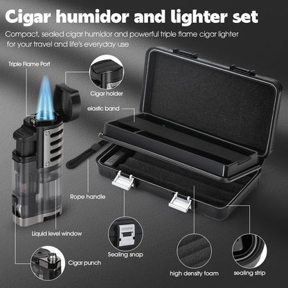SEMKONT Cigar Humidor, Portable Travel Cigar Box, Double Cigar Humidor with Separate Storage for Cigar Accessories, Cigar Travel Case with Cigar Lighter(No Butane), Holds 5 Cigars (Black)