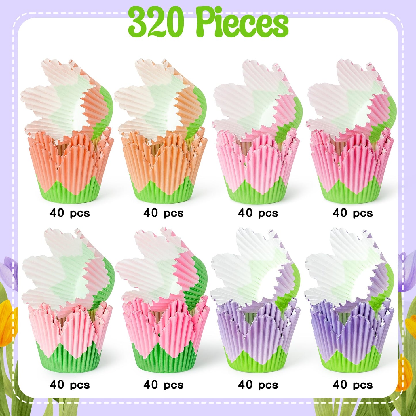 COcnny Flower Cupcake Paper Liner - 320pcs Spring Baking Cups Muffin Cupcakes Wrappers, Summer Pink Purple Petal Cake Chocolate Candy Wrap Making Supplies for Birthday Baby Shower Party (8 Styles)