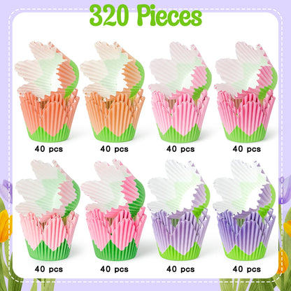 COcnny Flower Cupcake Paper Liner - 320pcs Spring Baking Cups Muffin Cupcakes Wrappers, Summer Pink Purple Petal Cake Chocolate Candy Wrap Making Supplies for Birthday Baby Shower Party (8 Styles)