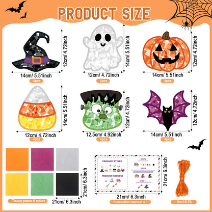 Feifeiya 24 Set Halloween Suncatcher Crafts with Tissue Paper DIY Stained Glass Effect Sun Catcher Kit Make Your Own Halloween Crafts Hanging Ornaments for Window Activity Creative Projects