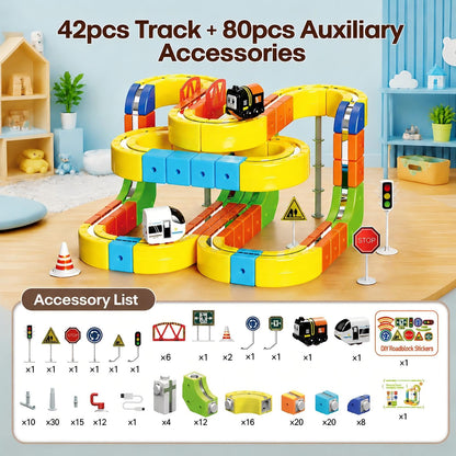 Upgrade Magnetic Train Set for Kids with 2 Rechargeable Trains, 105PCS Gravity-Defying Race Track, Safer Magnetic STEM Building Toy with Vertical Climb & Upside-Down Tracks for Boys Girls Ages 3-12