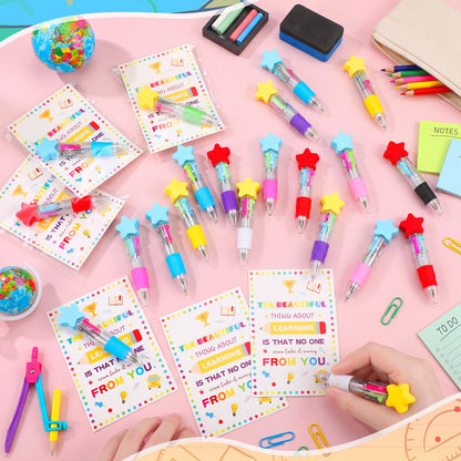 Resurhang 36 Set Back to School Gifts for Student Star 4-in-1 Ballpoint Pen with Motivational Card Clear Gift Bag Star Ballpoint Bulk for First Day of School Party Favor Teacher Rewards Event