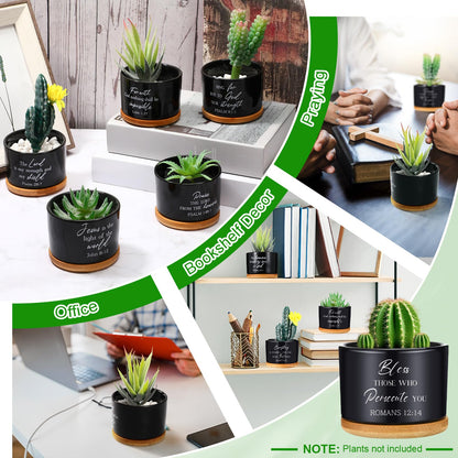 RimCereal 9 Pcs Inspirational Bible Verse Gifts Black Ceramic Succulent Pots with Bamboo Saucers Christian Decor Perfect Religious Gift for Home Office for Mother's Day Graduation Teachers Nurses